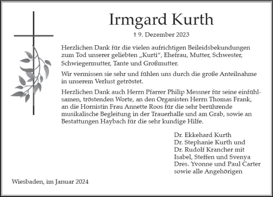 Traueranzeige von Irmgard Kurth von Wiesbadener Kurier