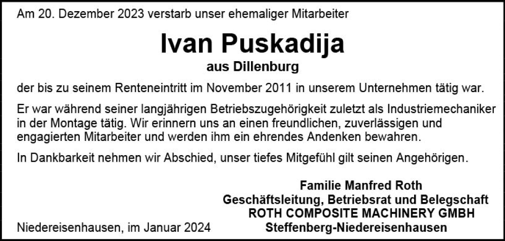  Traueranzeige für Ivan Puskadija vom 06.01.2024 aus Hinterländer Anzeiger