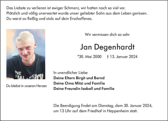Traueranzeige von Jan Degenhardt von Starkenburger Echo