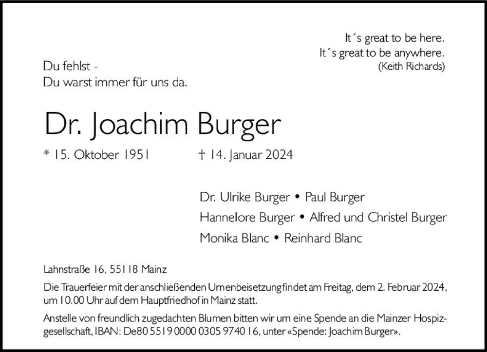  Traueranzeige für Joachim Burger vom 27.01.2024 aus Allgemeine Zeitung Mainz