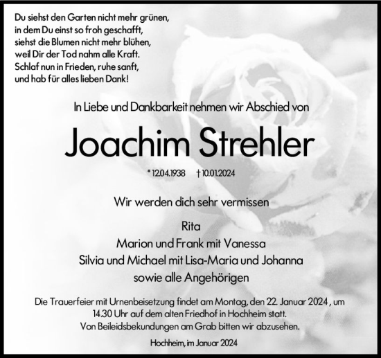 Traueranzeige von Joachim Strehler von Hochheimer Zeitung