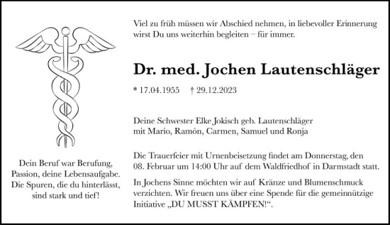 Traueranzeige von Jochen Lautenschläger von Darmstädter Echo