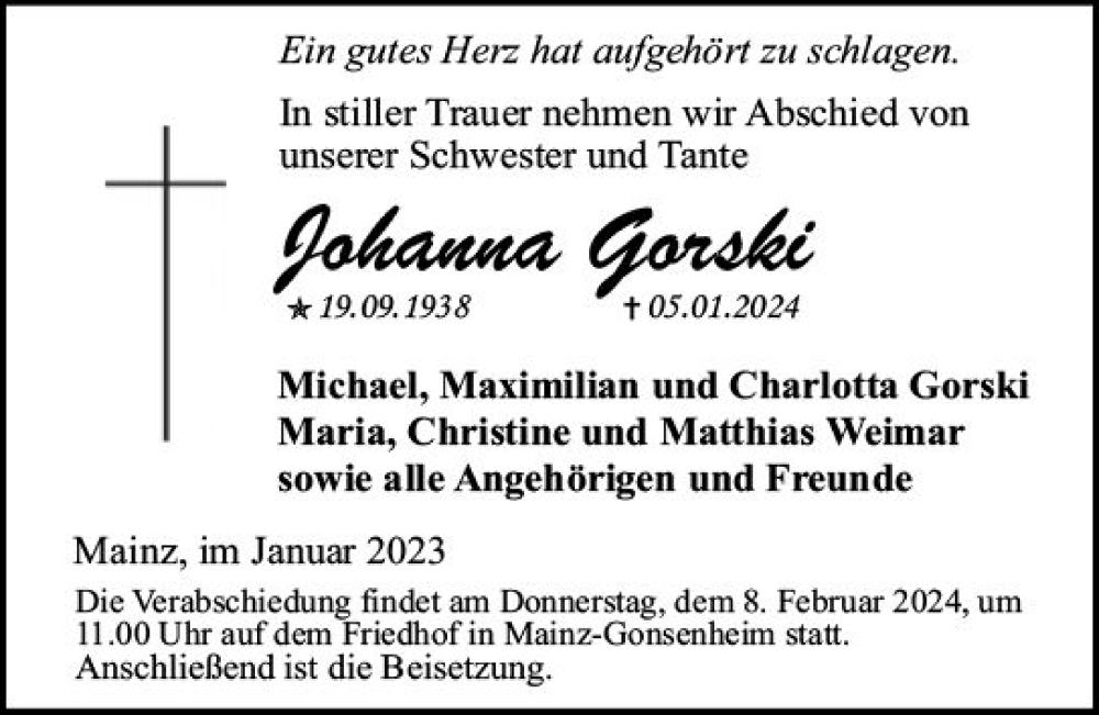  Traueranzeige für Johanna Gorski vom 27.01.2024 aus Wiesbadener Kurier