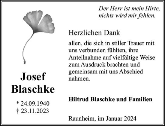 Traueranzeige von Josef Blaschke von Rüsselsheimer Echo