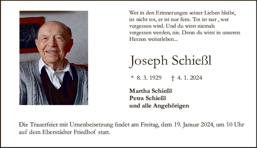  Traueranzeige für Joseph Schießl vom 13.01.2024 aus Darmstädter Echo