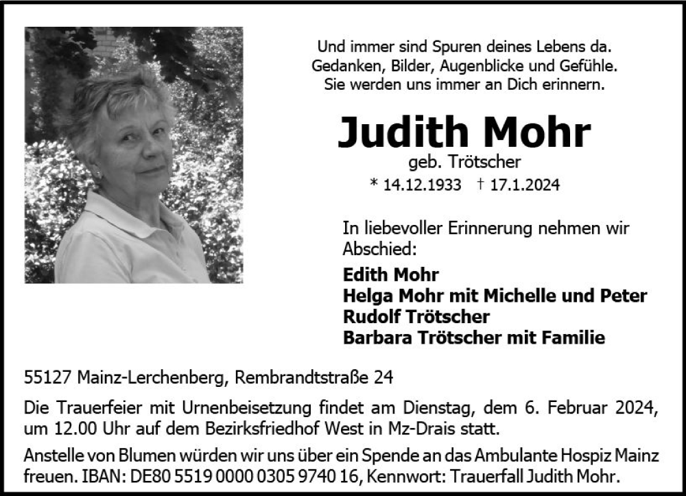  Traueranzeige für Judith Mohr vom 27.01.2024 aus Allgemeine Zeitung Mainz