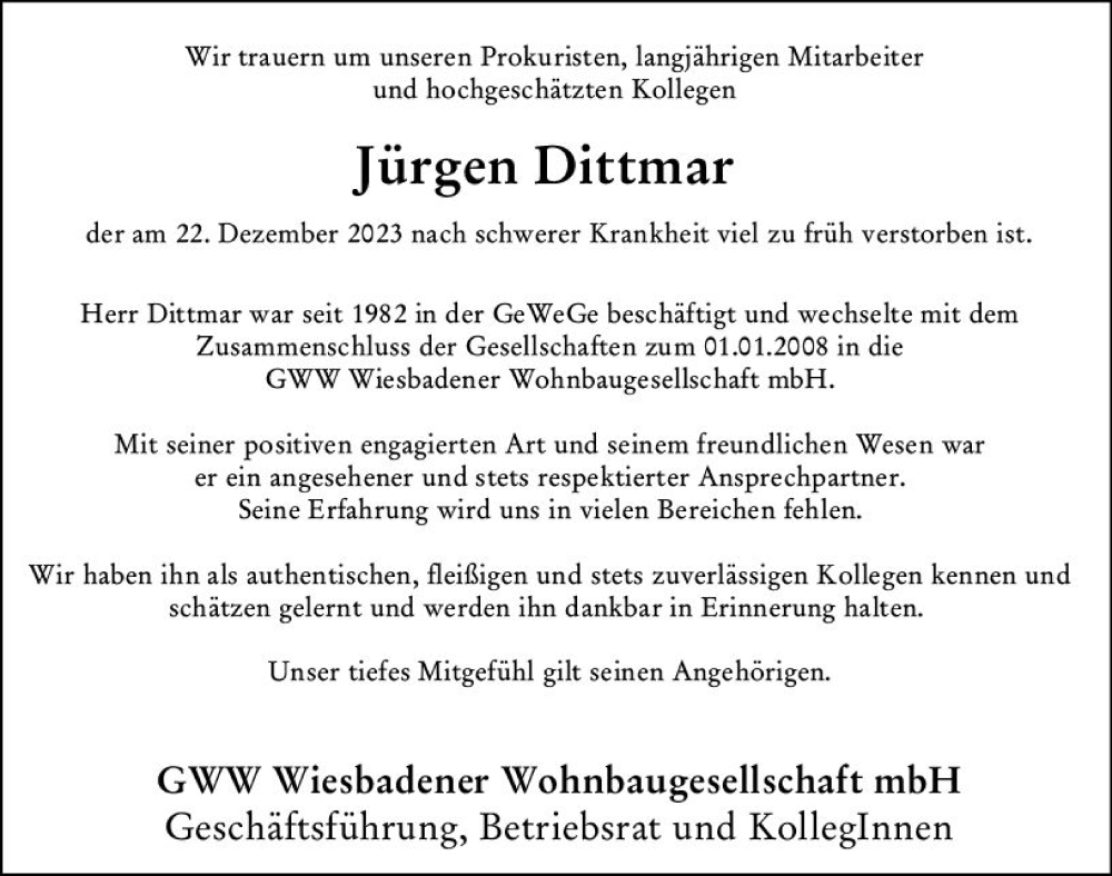  Traueranzeige für Jürgen Dittmar vom 06.01.2024 aus Wiesbadener Kurier
