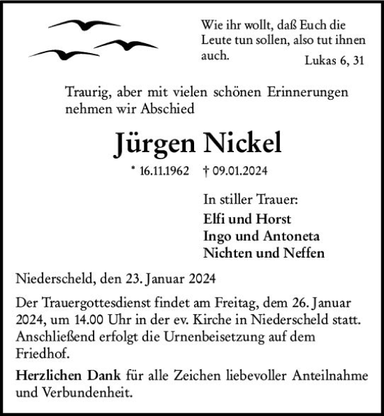 Traueranzeige von Jürgen Nickel von Dill Block