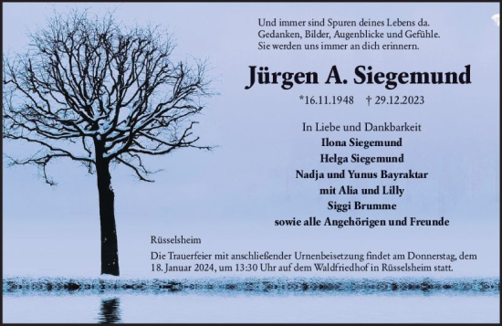 Traueranzeige von Jürgen Siegemund von Rüsselsheimer Echo