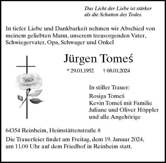 Traueranzeige von Jürgen Tomes von Darmstädter Echo