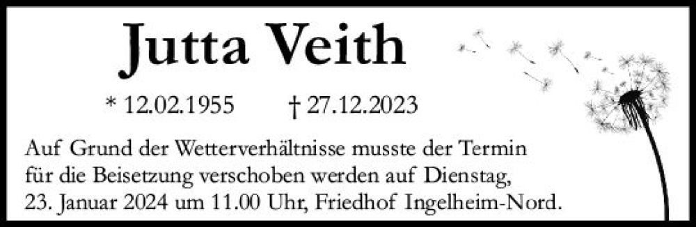  Traueranzeige für Jutta Veith vom 20.01.2024 aus Allgemeine Zeitung Bingen/Ingelheim