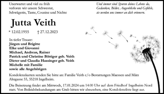 Traueranzeige von Jutta Veith von Allgemeine Zeitung Bingen/Ingelheim