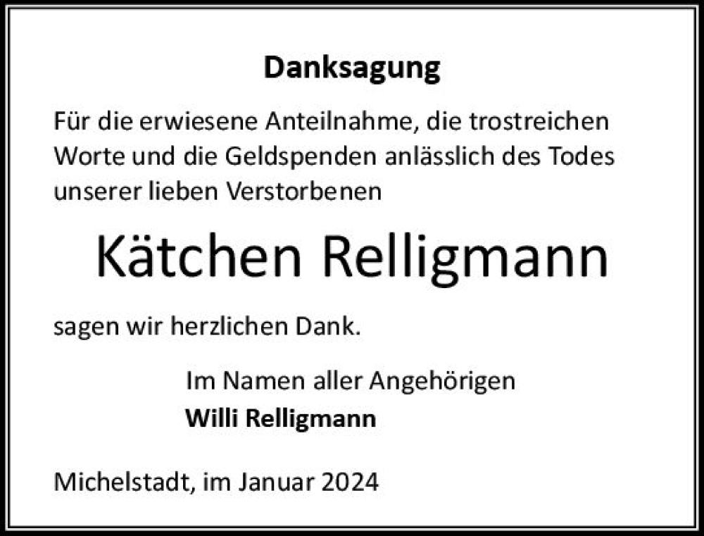  Traueranzeige für Kätchen Relligmann vom 27.01.2024 aus Odenwälder Echo