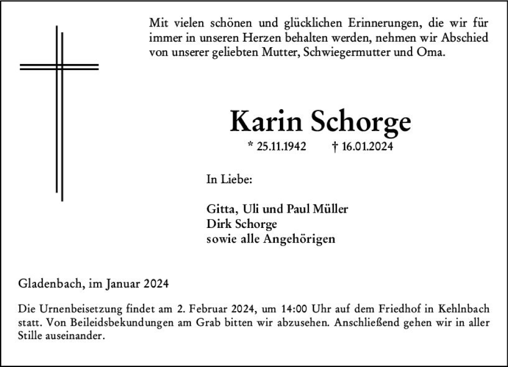  Traueranzeige für Karin Schorge vom 30.01.2024 aus Hinterländer Anzeiger