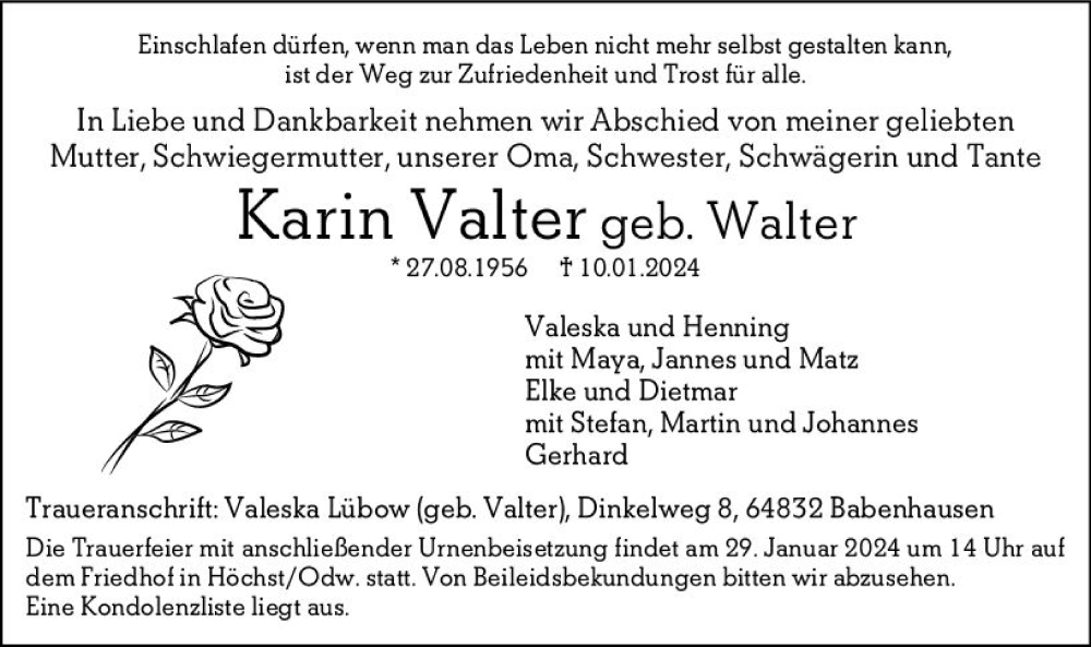  Traueranzeige für Karin Valter vom 20.01.2024 aus Odenwälder Echo