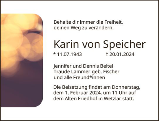 Traueranzeige von Karin von Speicher von Wetzlarer Neue Zeitung