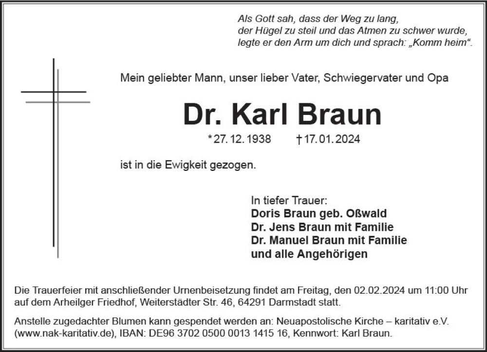  Traueranzeige für Karl Braun vom 27.01.2024 aus Darmstädter Echo