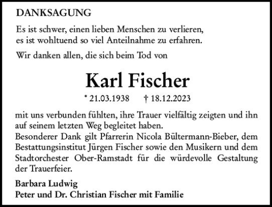 Traueranzeige von Karl Fischer von Darmstädter Echo