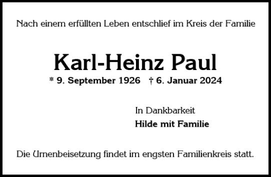 Traueranzeige von Karl-Heinz Paul von Wiesbadener Kurier
