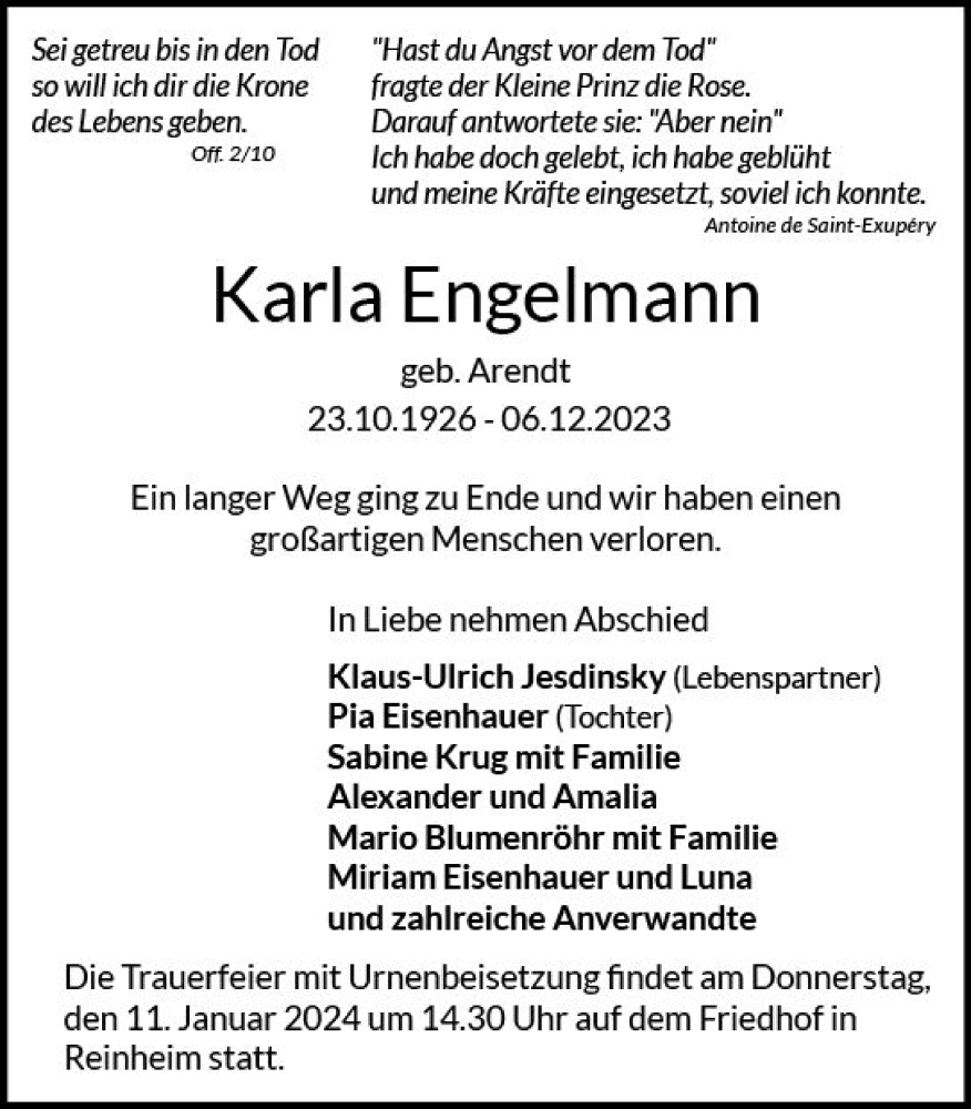  Traueranzeige für Karla Engelmann vom 06.01.2024 aus Darmstädter Echo