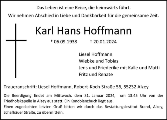 Traueranzeige von Karl Hans Hoffmann von Allgemeine Zeitung Alzey