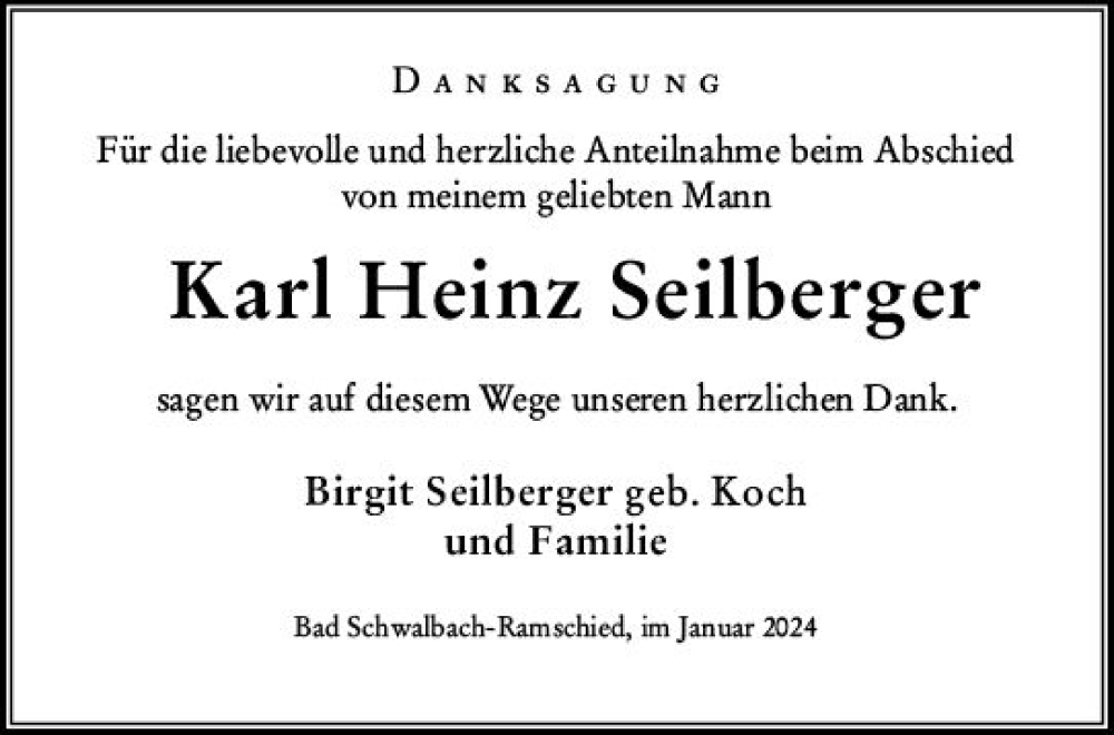  Traueranzeige für Karl Heinz Seilberger vom 13.01.2024 aus Wiesbadener Kurier