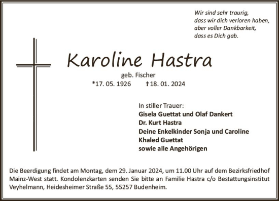 Traueranzeige von Karoline Hastra von Allgemeine Zeitung Mainz