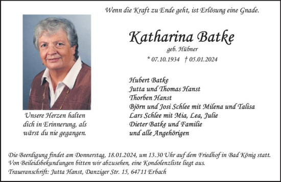 Traueranzeige von Katharina Batke von Odenwälder Echo