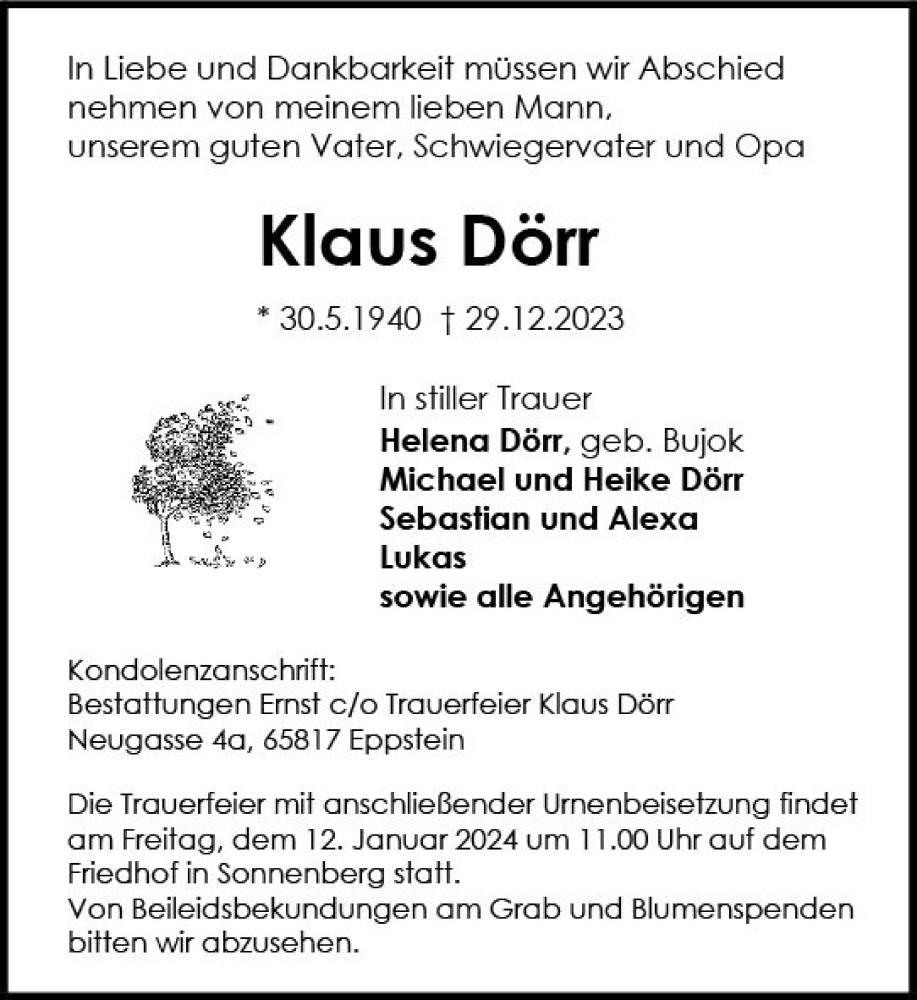  Traueranzeige für Klaus Dörr vom 06.01.2024 aus Wiesbadener Kurier