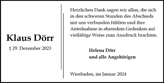 Traueranzeige von Klaus Dörr von Wiesbadener Kurier