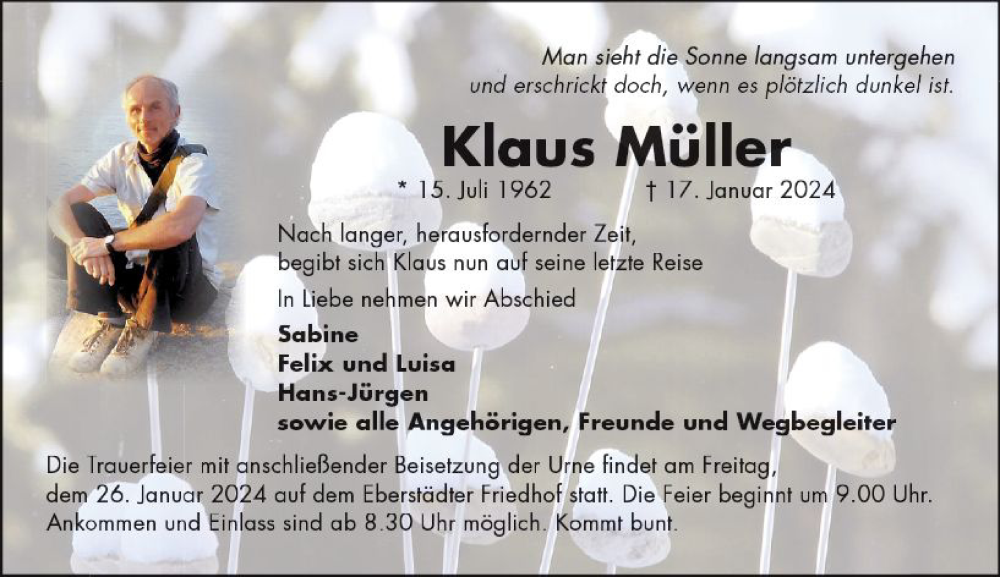  Traueranzeige für Klaus Müller vom 24.01.2024 aus Darmstädter Echo