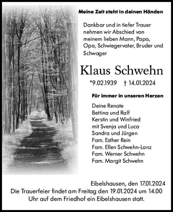 Traueranzeige von Klaus Schwehn von Dill Block