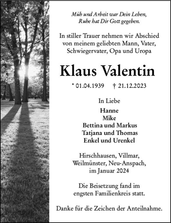 Traueranzeige von Klaus Valentin von Weilburger Tageblatt