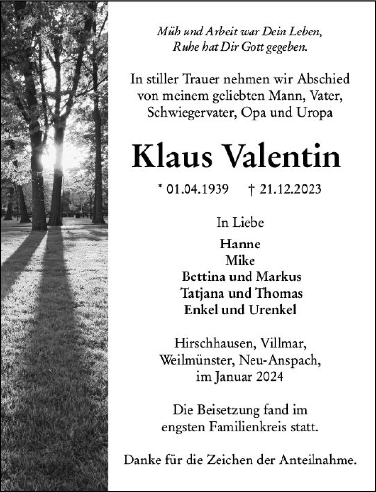  Traueranzeige für Klaus Valentin vom 20.01.2024 aus Weilburger Tageblatt