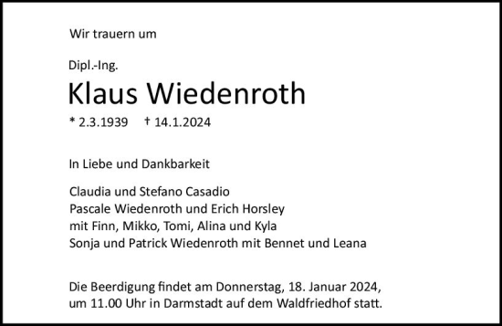 Traueranzeige von Klaus Wiedenroth von Darmstädter Echo