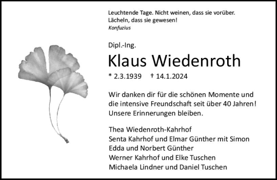Traueranzeige von Klaus Wiedenroth von Darmstädter Echo