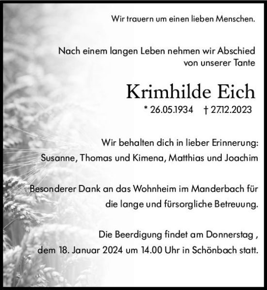 Traueranzeige von Krimhilde Eich von Dill Block