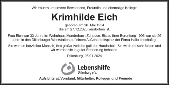 Traueranzeige von Krimhilde Eich von Dill Block
