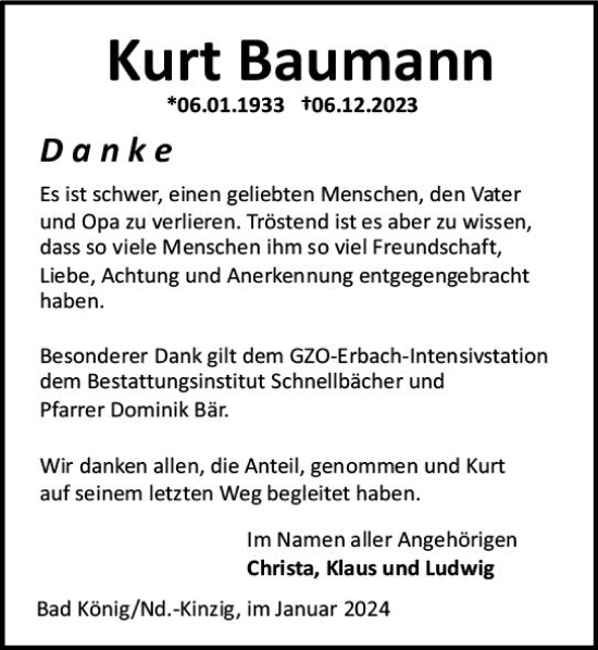 Traueranzeige von Kurt Baumann von Odenwälder Echo