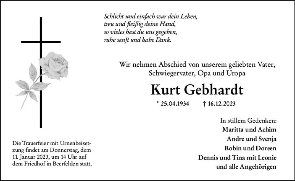  Traueranzeige für Kurt Gebhardt vom 06.01.2024 aus Odenwälder Echo