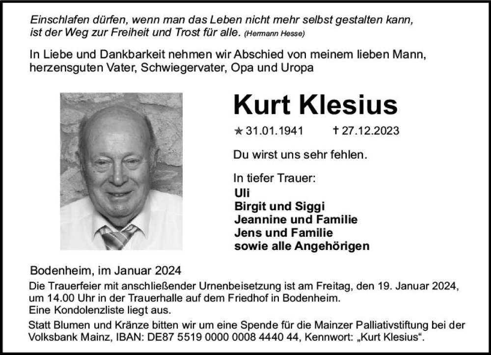  Traueranzeige für Kurt Klesius vom 13.01.2024 aus Allgemeine Zeitung Mainz