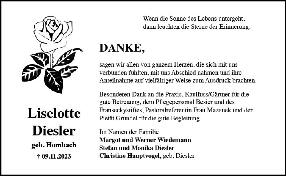  Traueranzeige für Liselotte Diesler vom 06.01.2024 aus Rheingau Kurier
