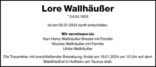 Traueranzeige von Lore Wallhäußer von Darmstädter Echo