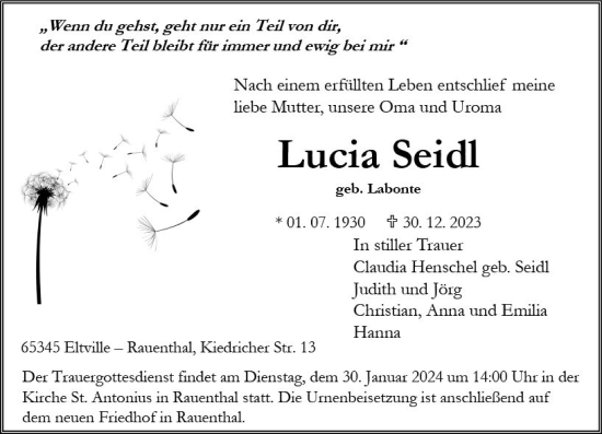 Traueranzeige von Lucia Seidi von Wiesbadener Kurier