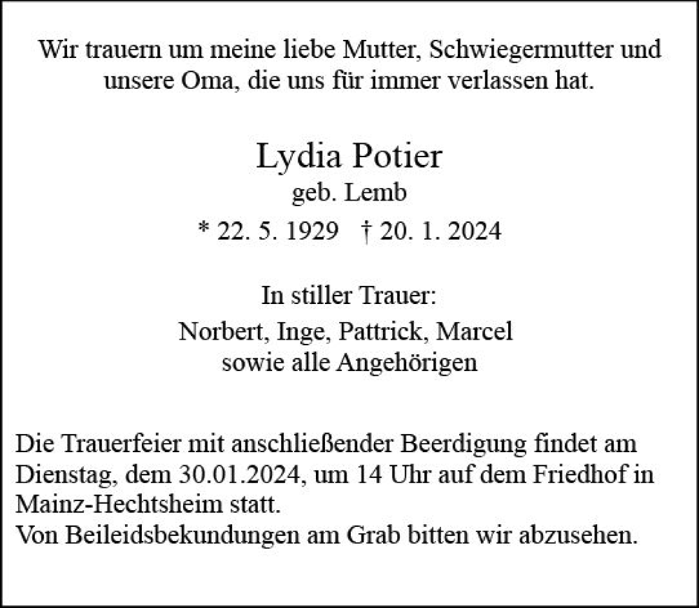  Traueranzeige für Lydia Potier vom 27.01.2024 aus Allgemeine Zeitung Mainz