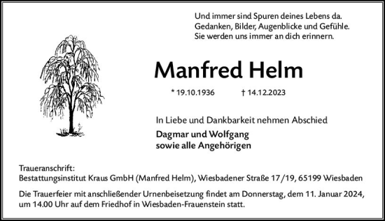 Traueranzeige von Manfred Helm von Wiesbadener Kurier