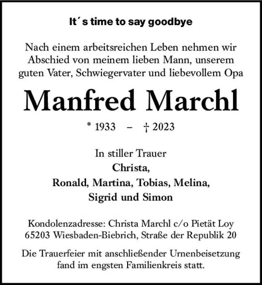  Traueranzeige für Manfred Marchl vom 27.01.2024 aus Wiesbadener Kurier