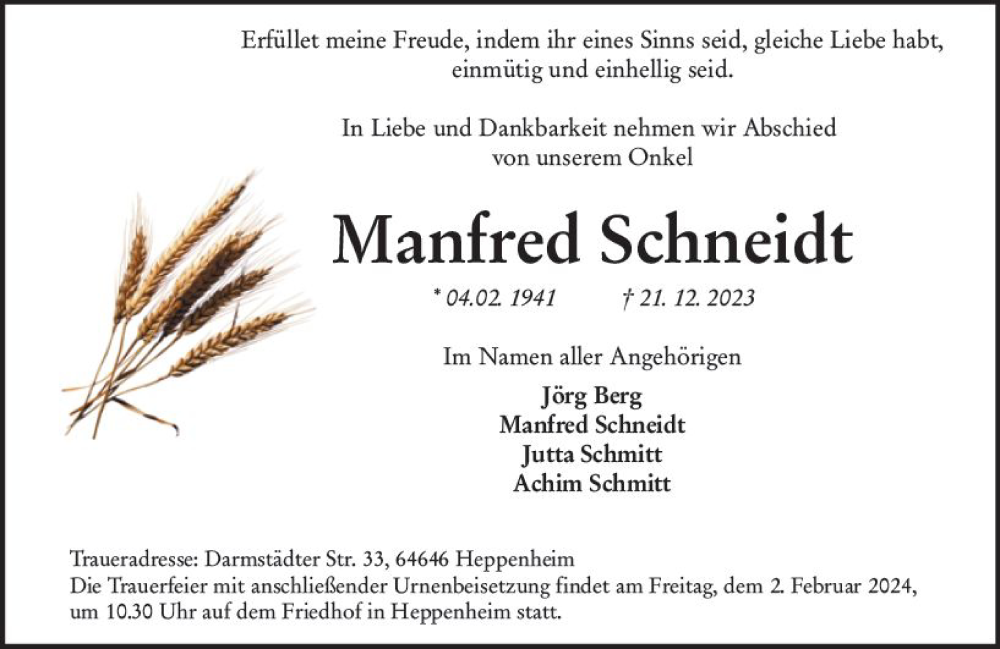  Traueranzeige für Manfred Schneidt vom 27.01.2024 aus Starkenburger Echo