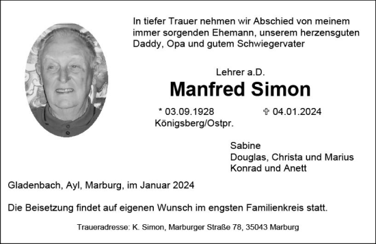 Traueranzeige von Manfred Simon von Hinterländer Anzeiger