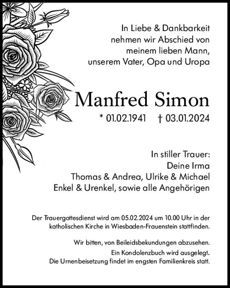  Traueranzeige für Manfred Simon vom 27.01.2024 aus Wiesbadener Kurier